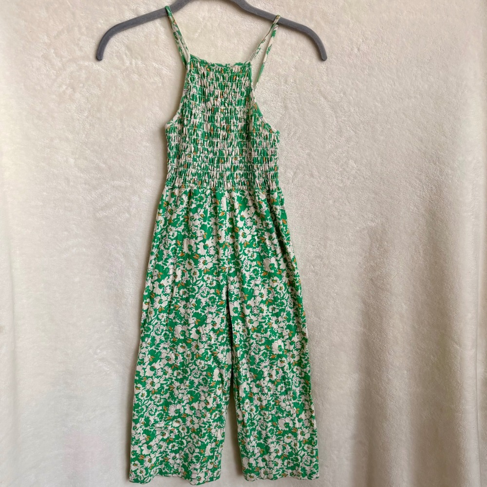 Zara Green Floral Smocked Cotton Wide Leg Spaghetti Strap Jumpsuit Girls Sz 8 - Picture 1 of 8